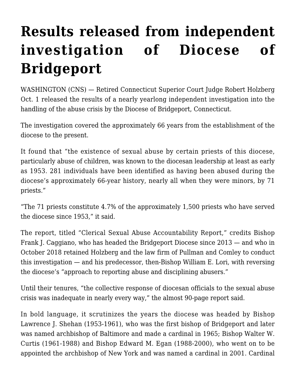 Results Released from Independent Investigation of Diocese of Bridgeport