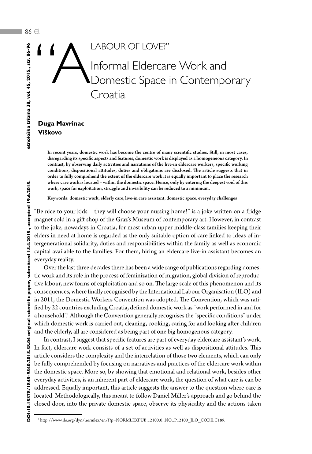 Informal Eldercare Work and Domestic Space in Contemporary Croatia