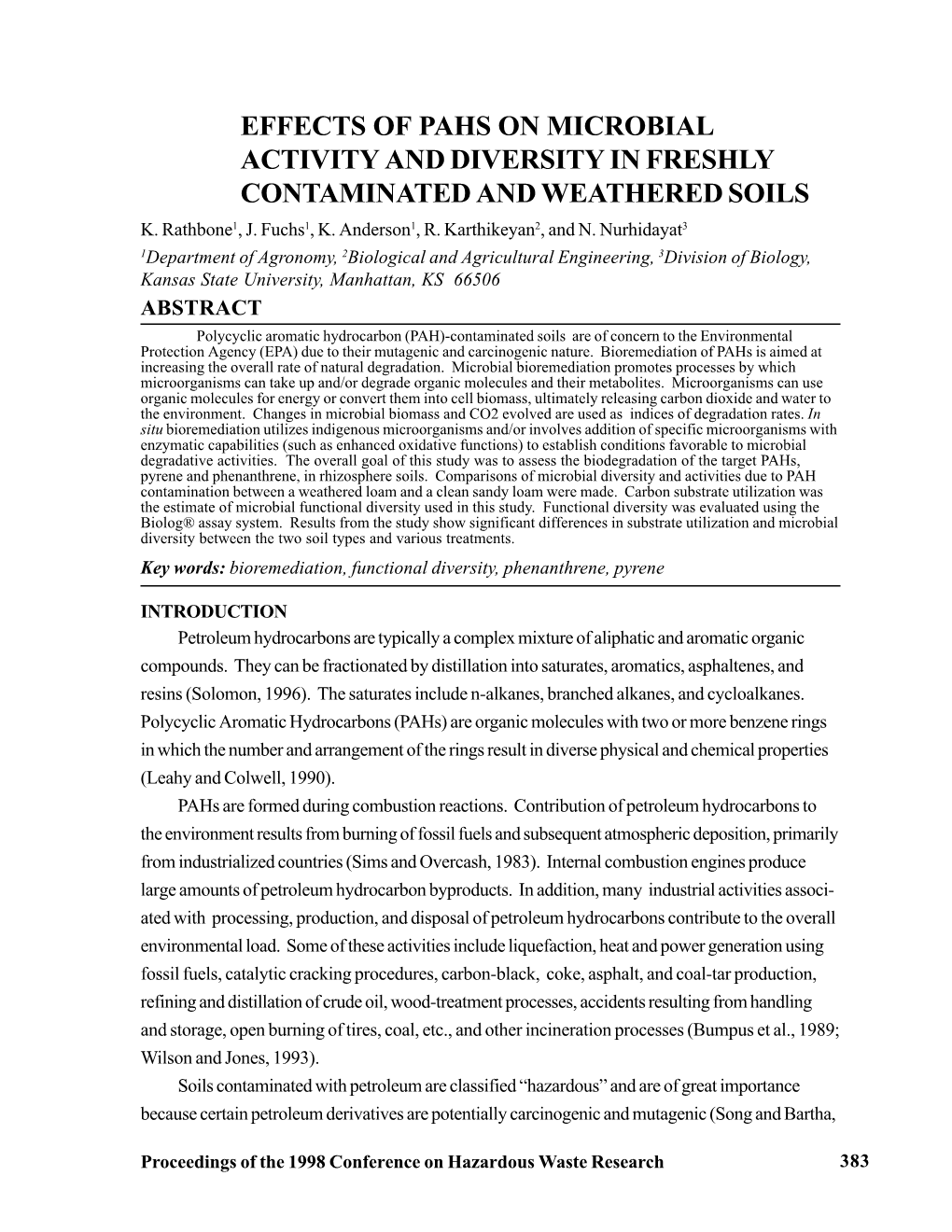 Effects of Pahs on Microbial Activity and Diversity in Freshly Contaminated and Weathered Soils K