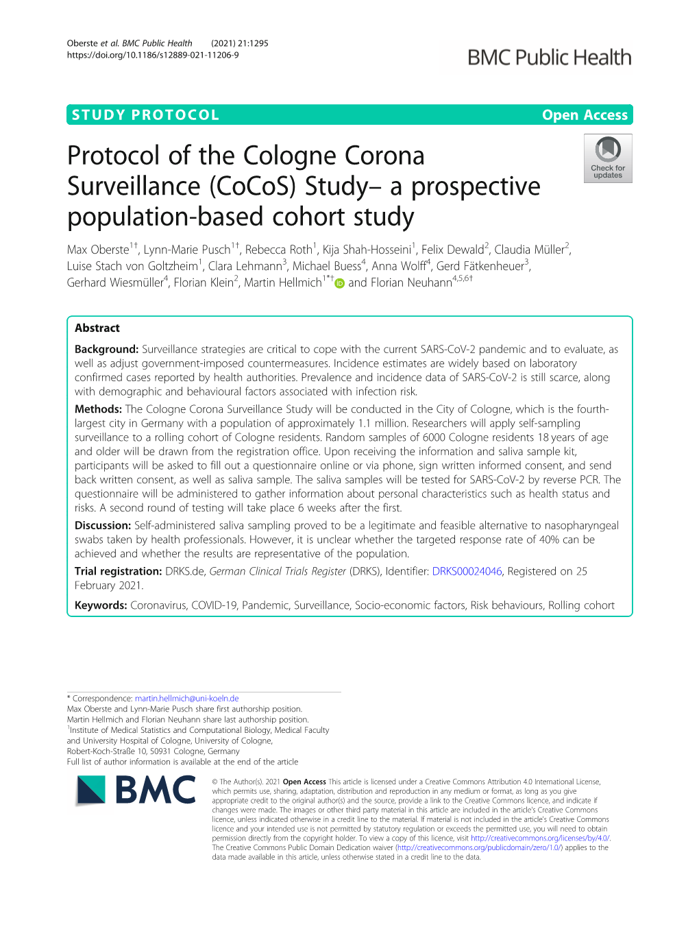 Protocol of the Cologne Corona Surveillance (Cocos) Study