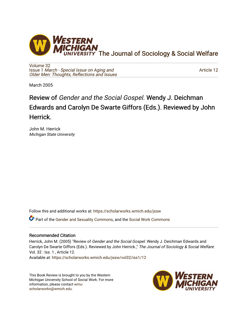 Review of Gender and the Social Gospel. Wendy J. Deichman Edwards and Carolyn De Swarte Giffors (Eds.)