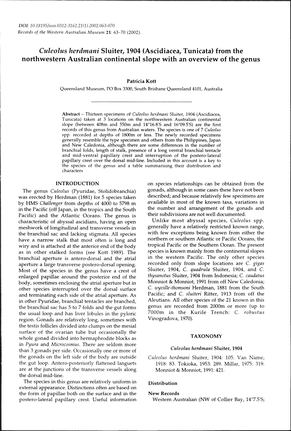 Culeolus Herdmani Sluiter, 1904 (Ascidiacea, Tunicata) from the Northwestern Australian Continental Slope with an Overview of the Genus