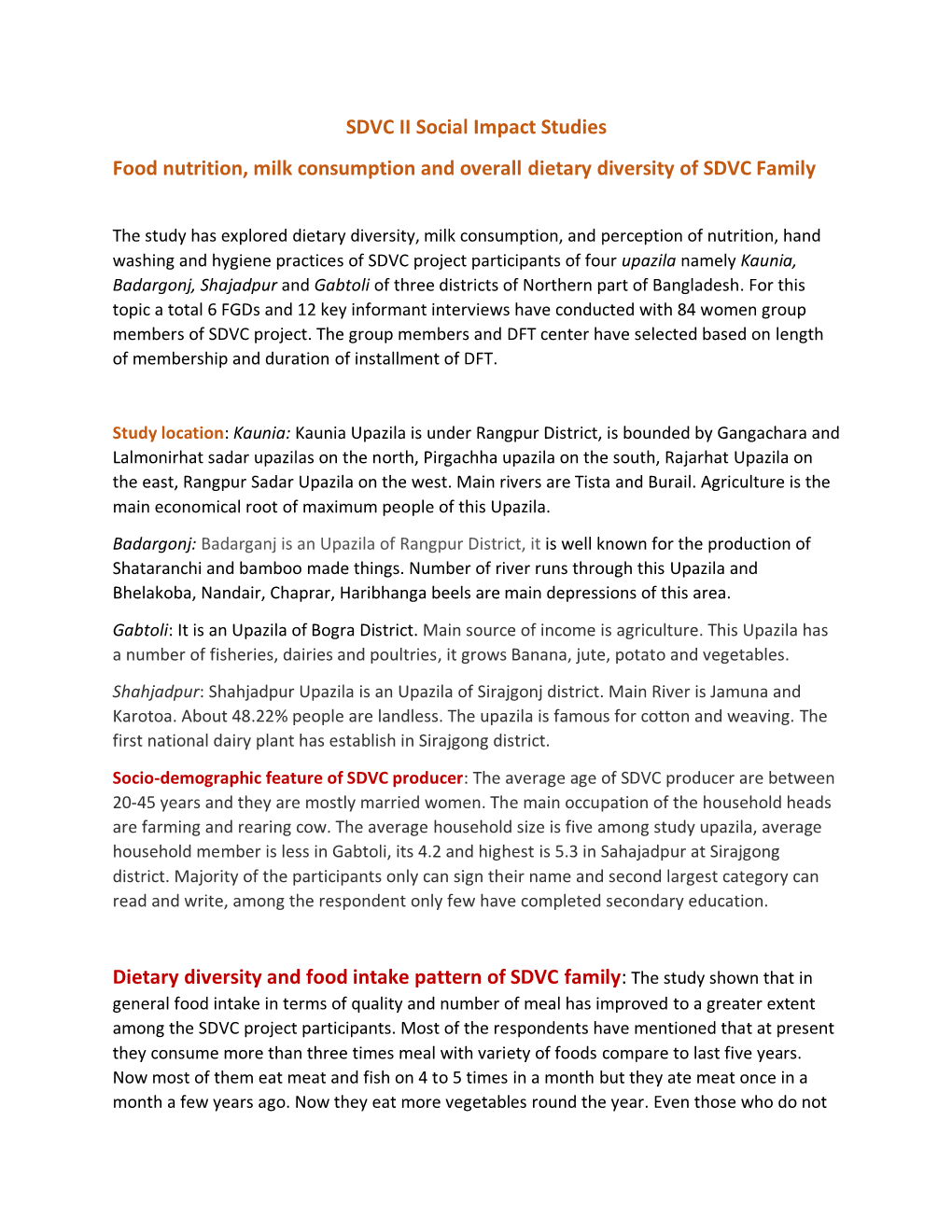 SDVC II Social Impact Studies Food Nutrition, Milk Consumption and Overall Dietary Diversity of SDVC Family