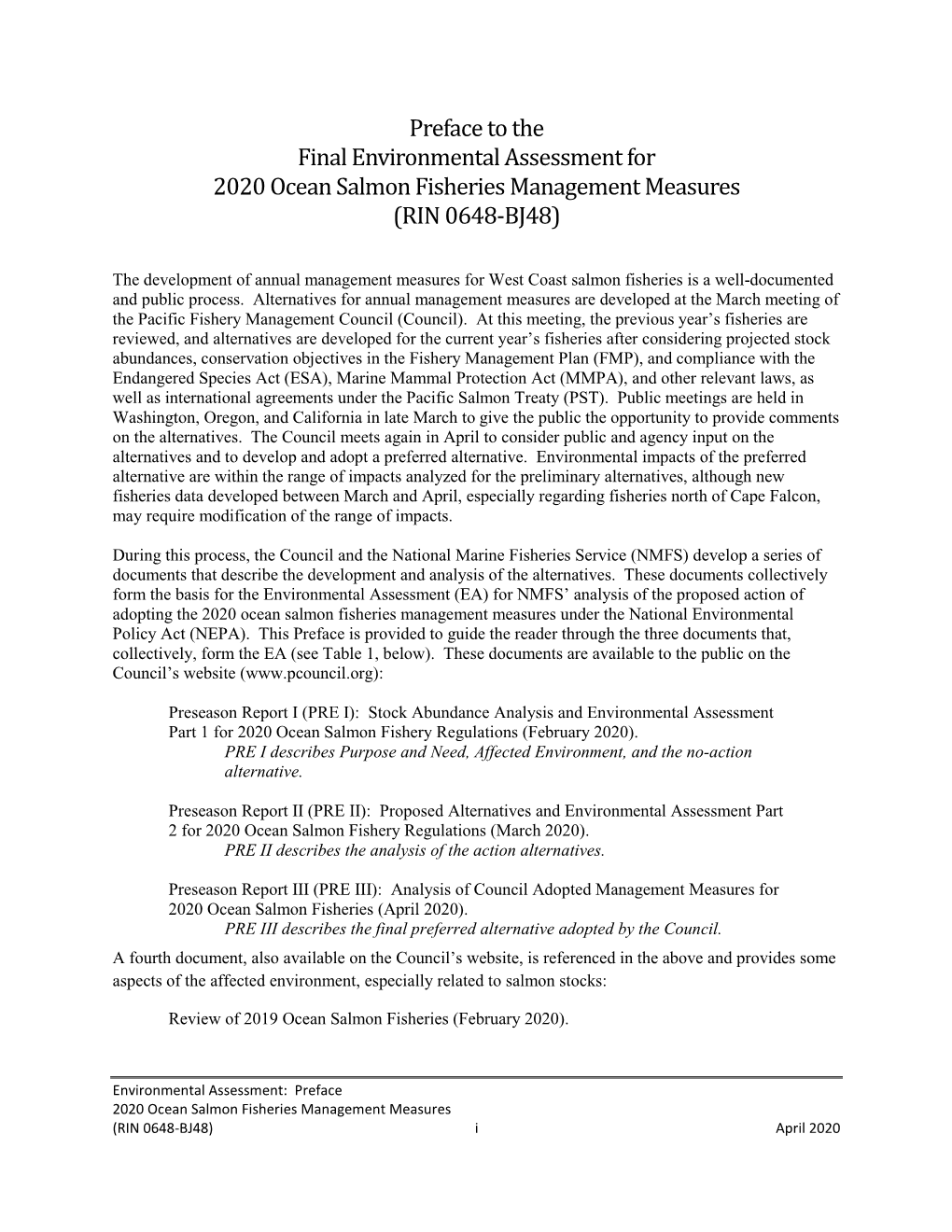 Environmental Assessment for 2020 Ocean Salmon Management