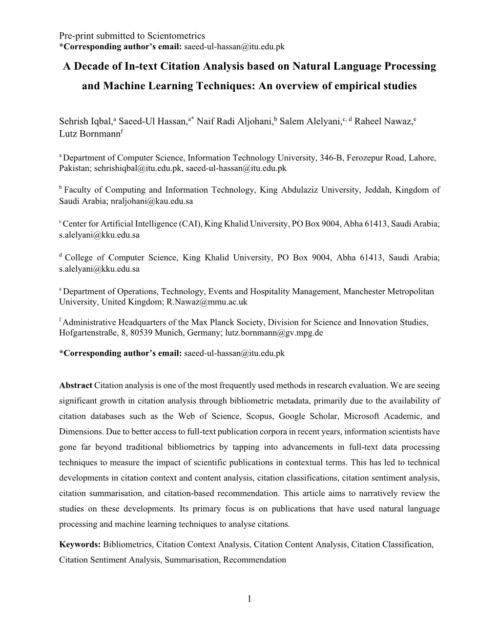 A Decade of In-Text Citation Analysis Based on Natural Language Processing and Machine Learning Techniques: an Overview of Empirical Studies