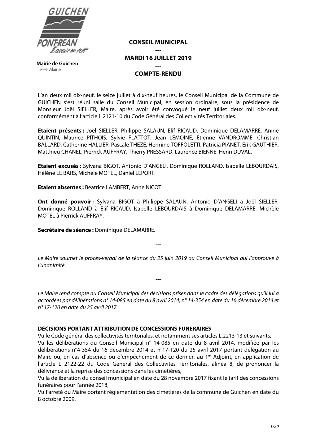 Conseil Municipal --- Mardi 16 Juillet 2019 --- Compte-Rendu