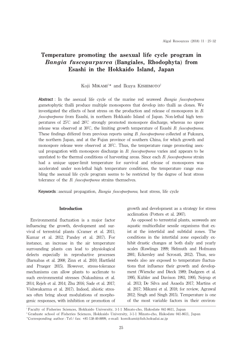 Temperature Promoting the Asexual Life Cycle Program in Bangia Fuscopurpurea (Bangiales, Rhodophyta) from Esashi in the Hokkaido Island, Japan