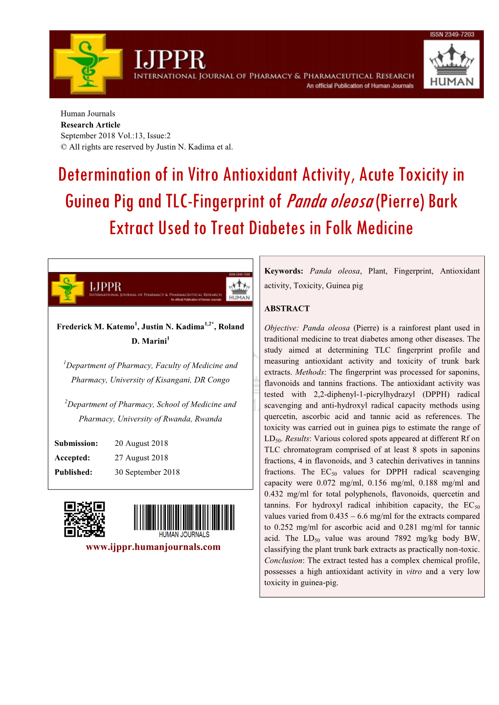 Determination of in Vitro Antioxidant Activity, Acute Toxicity in Guinea