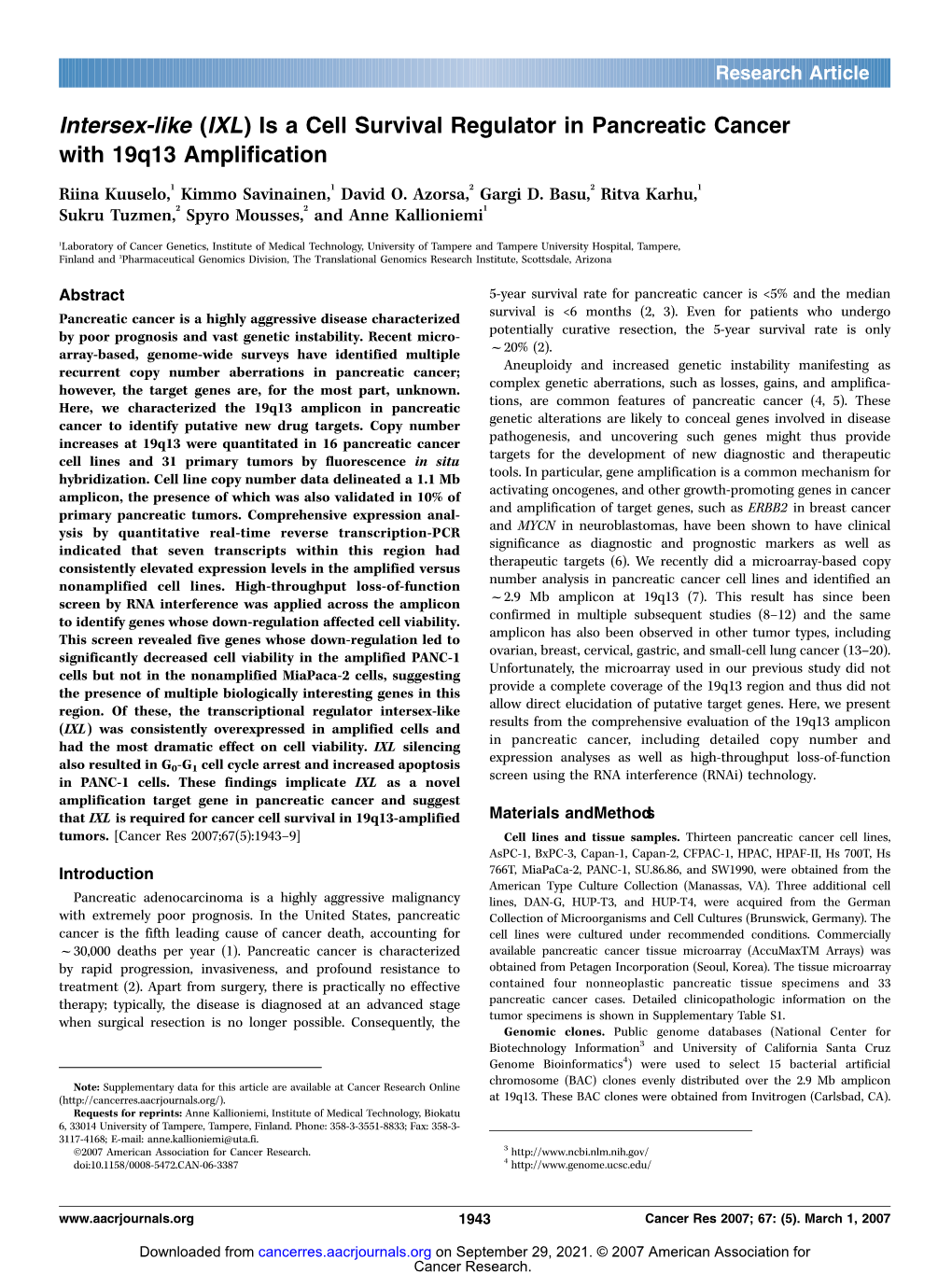 Is a Cell Survival Regulator in Pancreatic Cancer with 19Q13 Amplification