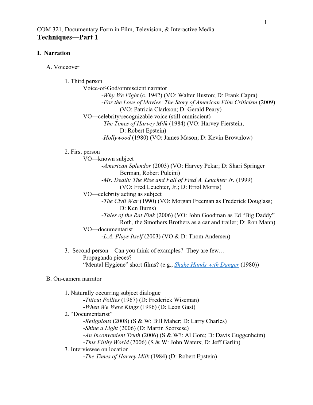 COM 321, Documentary Form in Film & Television