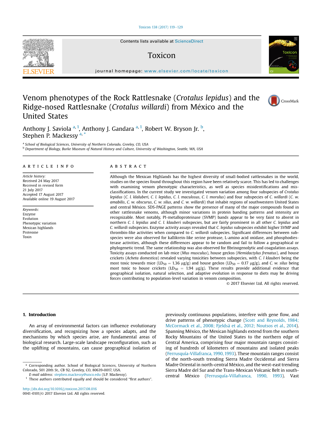 Venom Phenotypes of the Rock Rattlesnake (Crotalus Lepidus) and the Ridge-Nosed Rattlesnake (Crotalus Willardi)Frommexico� and the United States