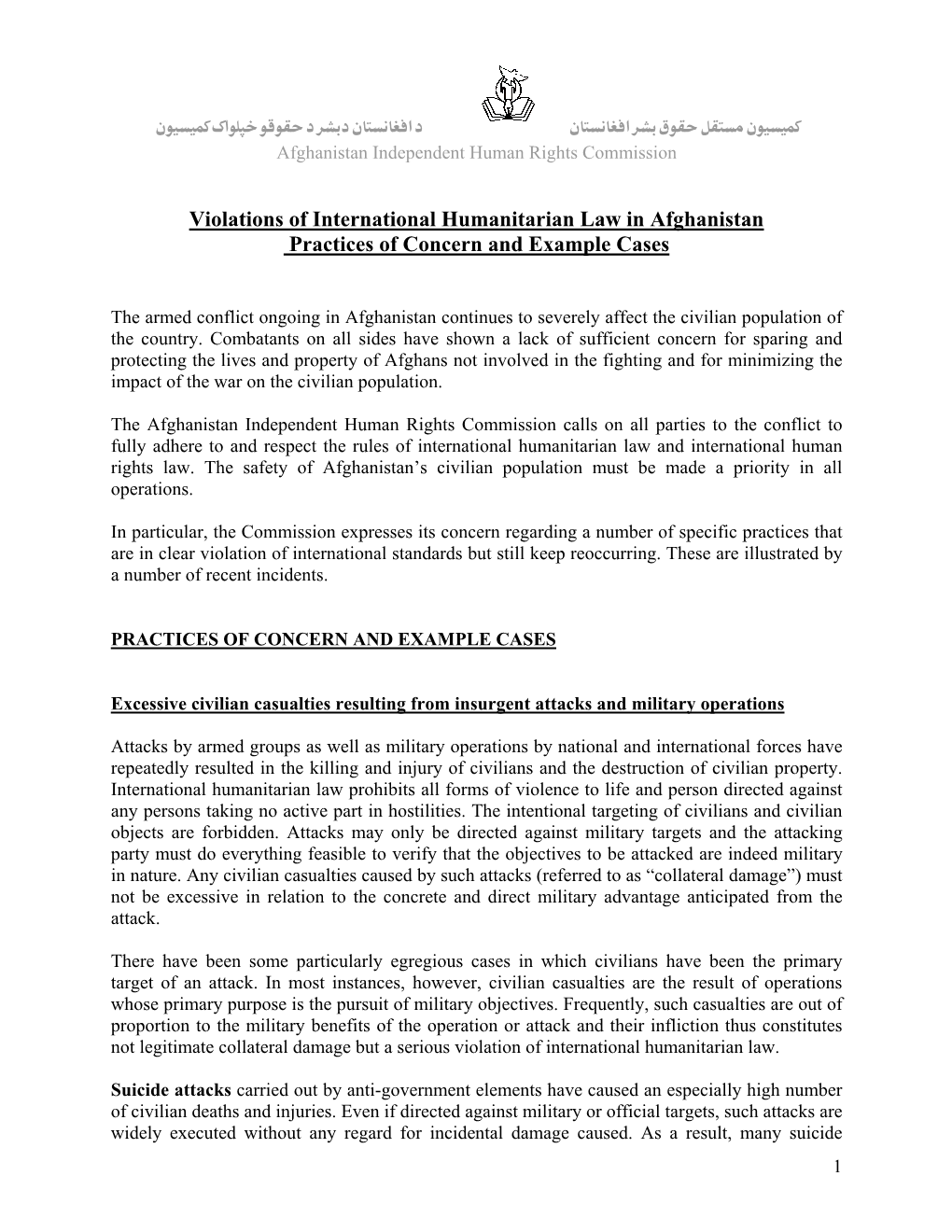 Violations of International Humanitarian Law in Afghanistan Practices of Concern and Example Cases