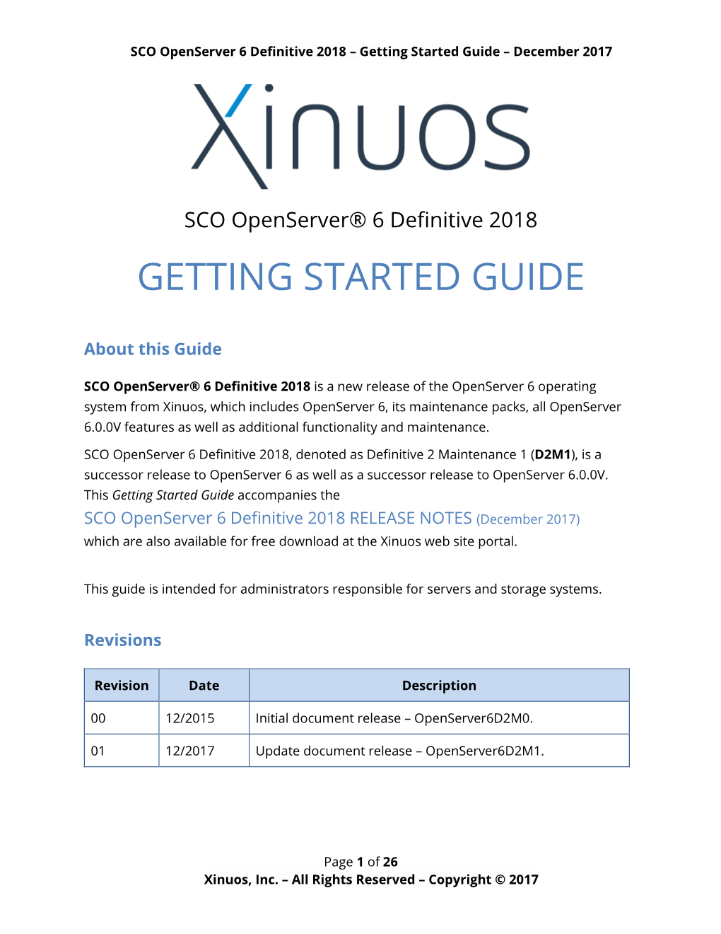 SCO Openserver 6 Definitive 2018 – Getting Started Guide – December 2017