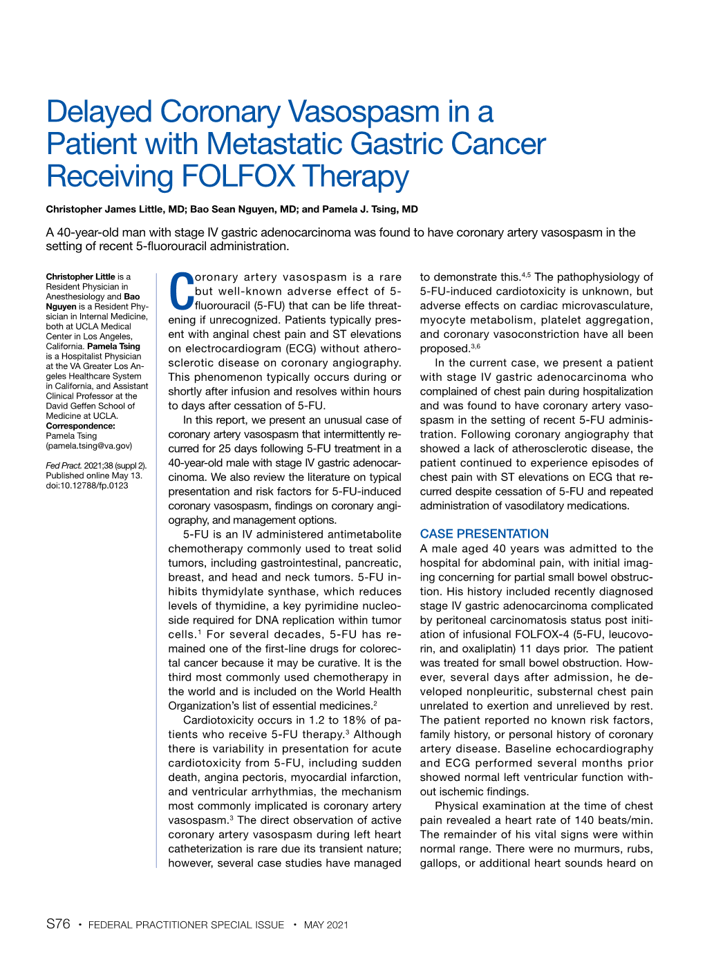 Delayed Coronary Vasospasm in a Patient with Metastatic Gastric Cancer Receiving FOLFOX Therapy