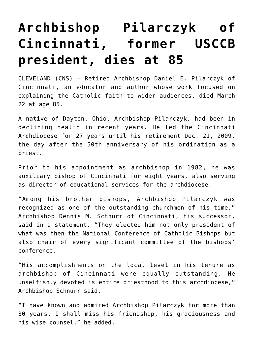 Archbishop Pilarczyk of Cincinnati, Former USCCB President, Dies at 85