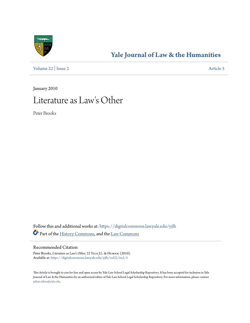 Literature As Law's Other Peter Brooks