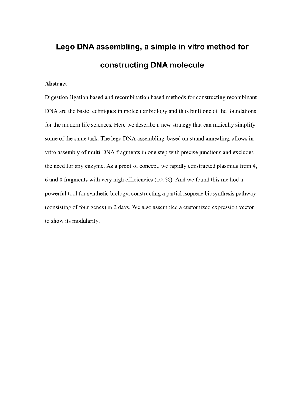 Lego DNA Assembling, a Simple in Vitro Method for Constructing DNA