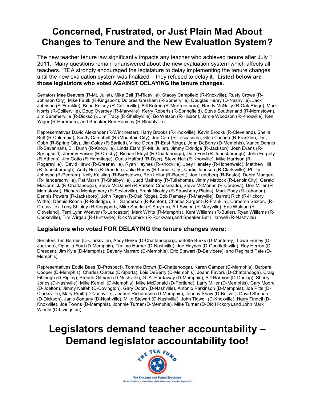 Legislators Demand Teacher Accountability – Demand Legislator Accountability Too!