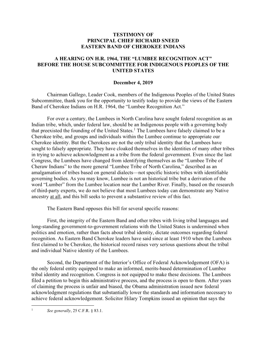 Lumbee Recognition Act” Before the House Subcommittee for Indigenous Peoples of the United States