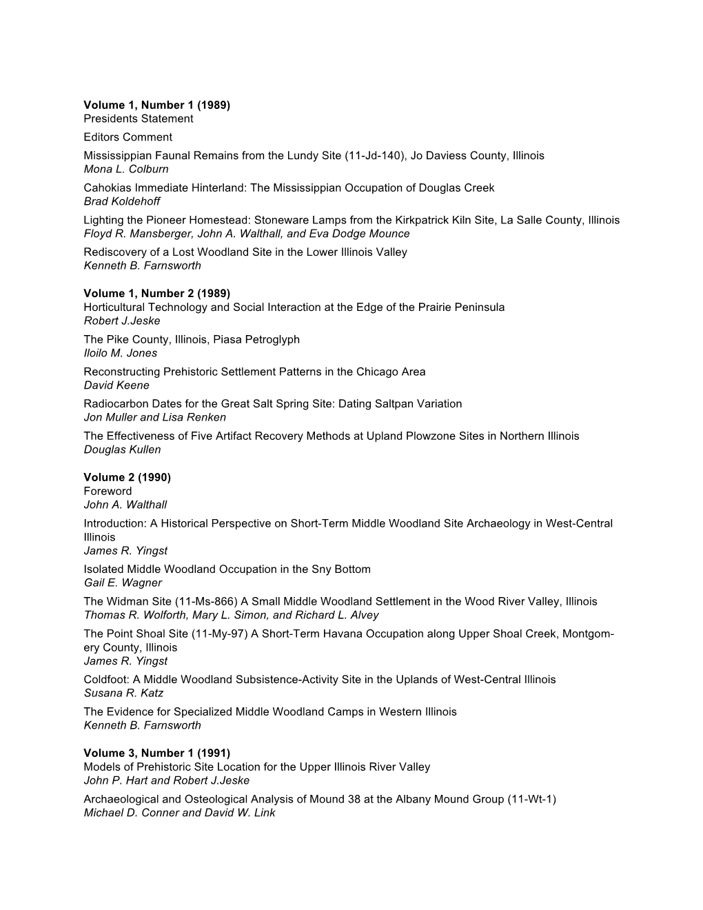 Volume 1, Number 1 (1989) Presidents Statement Editors Comment Mississippian Faunal Remains from the Lundy Site (11-Jd-140), Jo Daviess County, Illinois Mona L