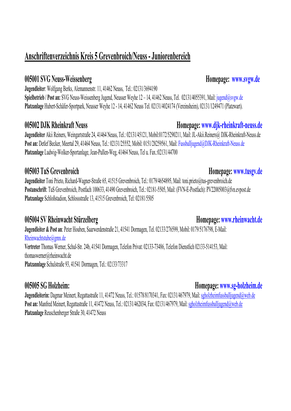 Anschriftenverzeichnis Kreis 5 Grevenbroich/Neuss - Juniorenbereich