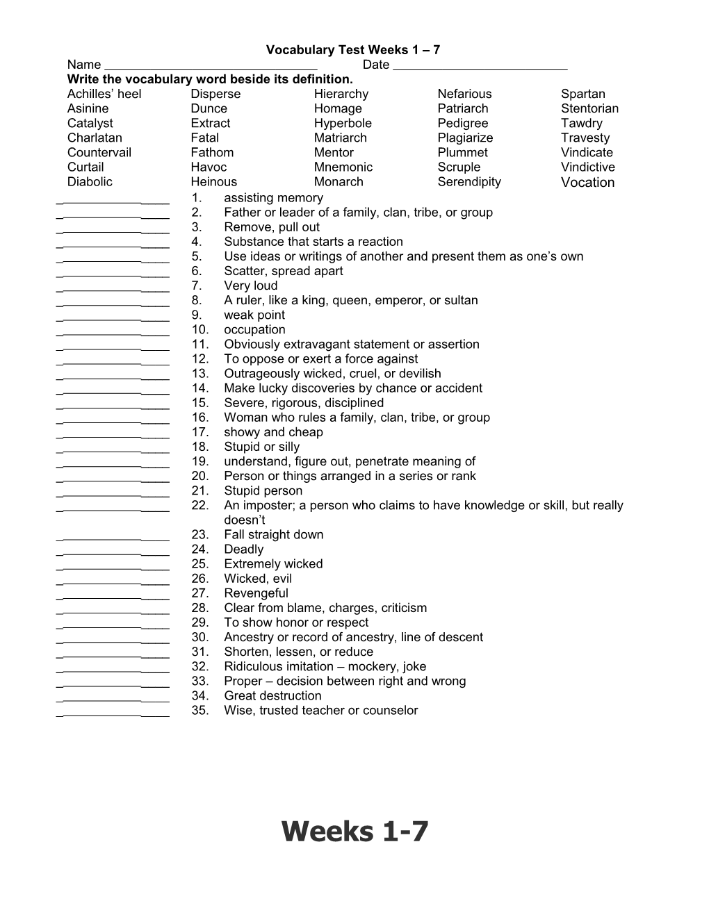 Write the Vocabulary Word Beside Its Definition