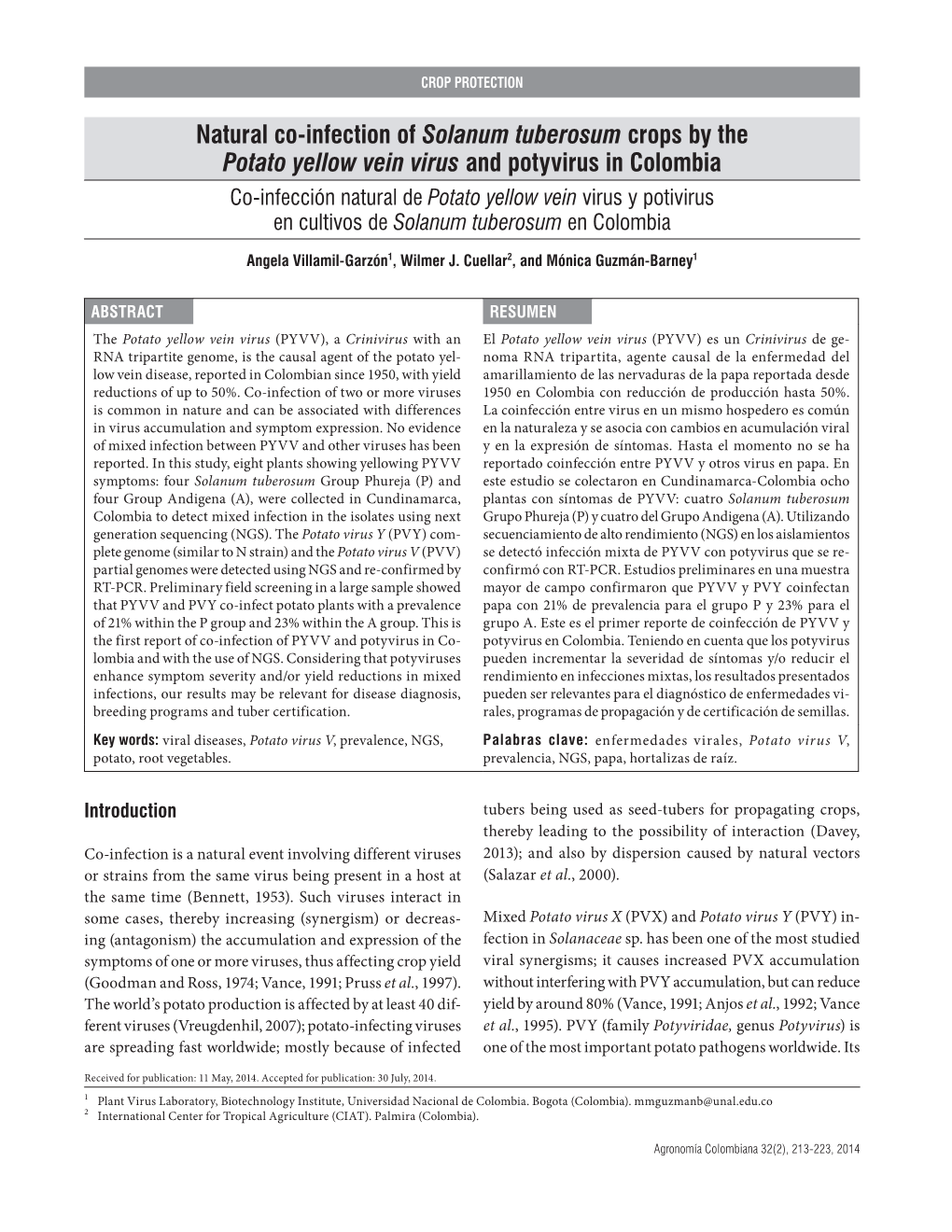 Natural Co-Infection of Solanum Tuberosum Crops by the Potato Yellow Vein Virus and Potyvirus in Colombia