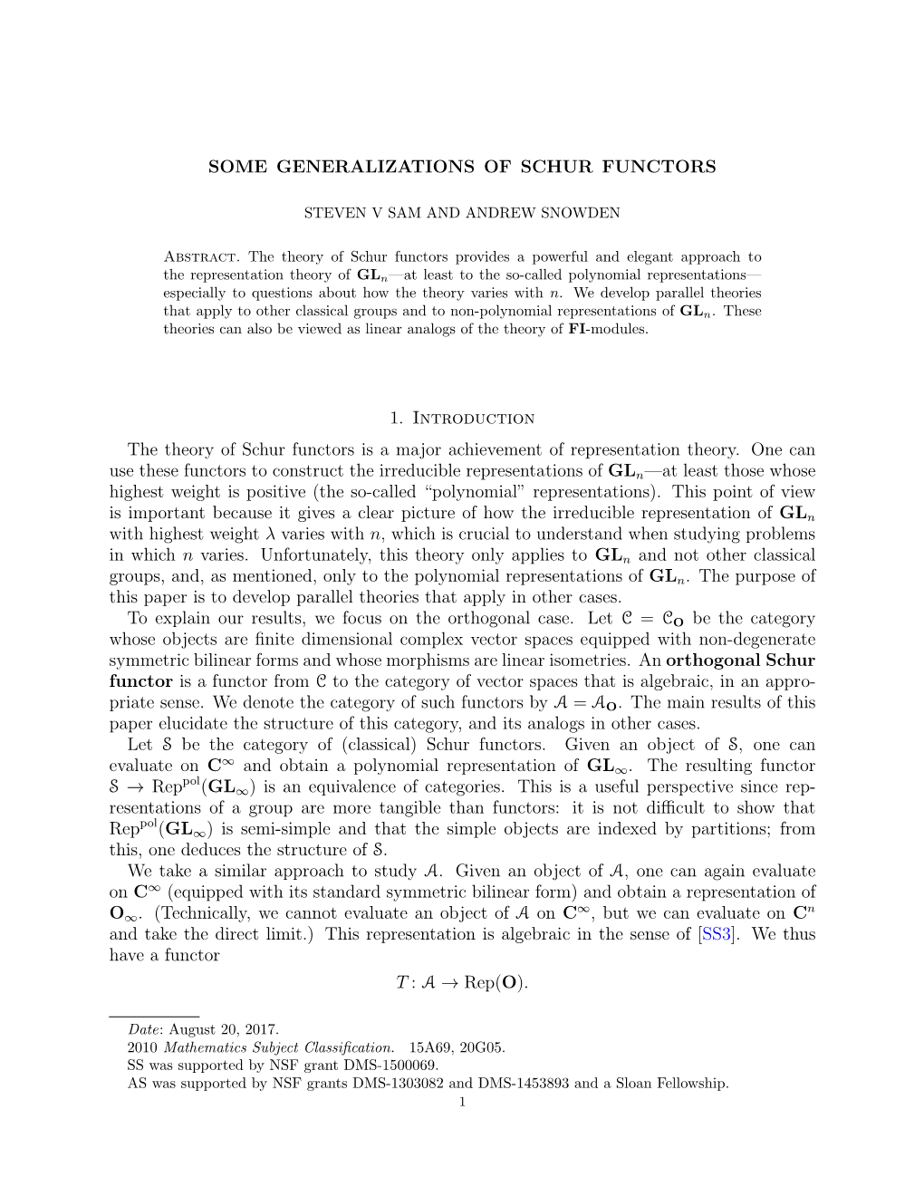 SOME GENERALIZATIONS of SCHUR FUNCTORS 1. Introduction