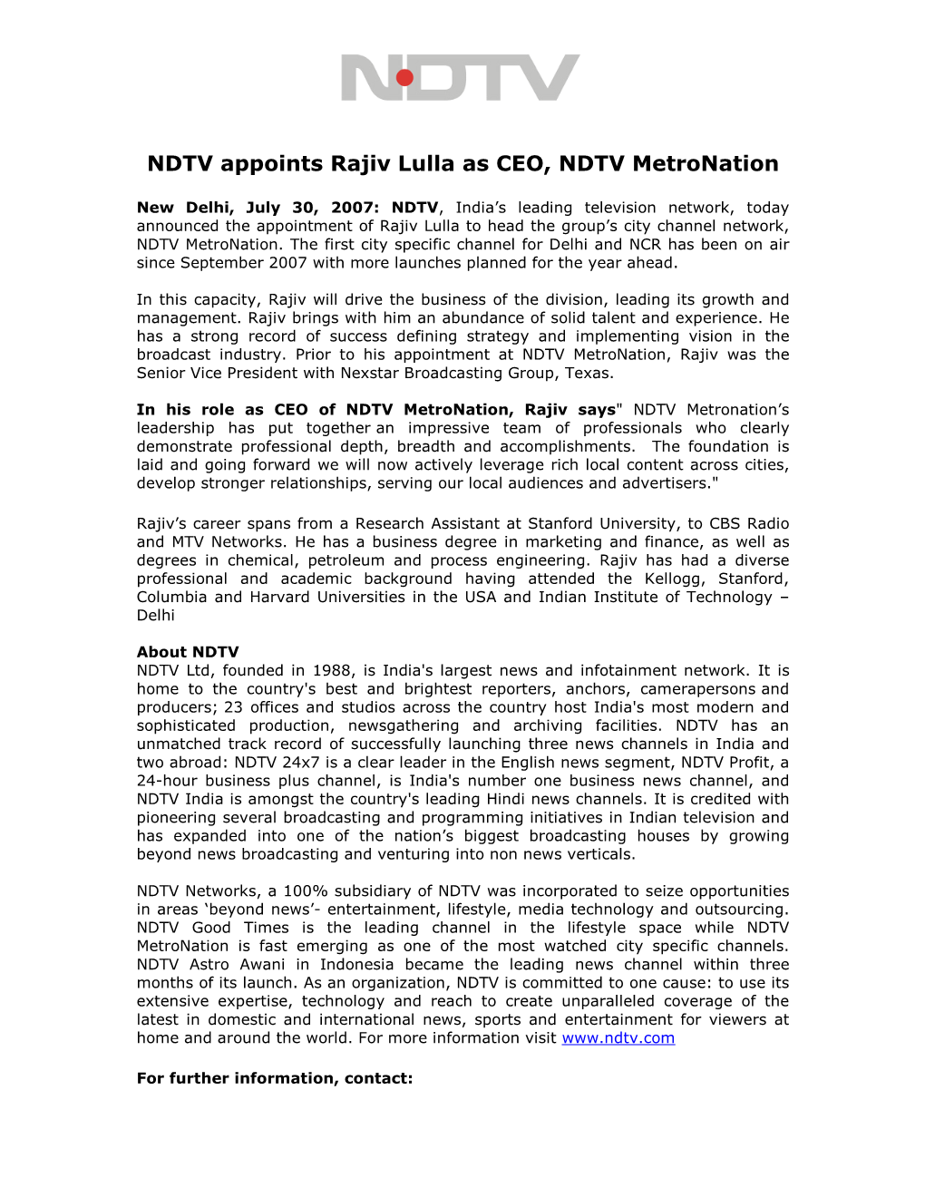 RAJIV LULLA Is Appointed As CEO, NDTV Metronation