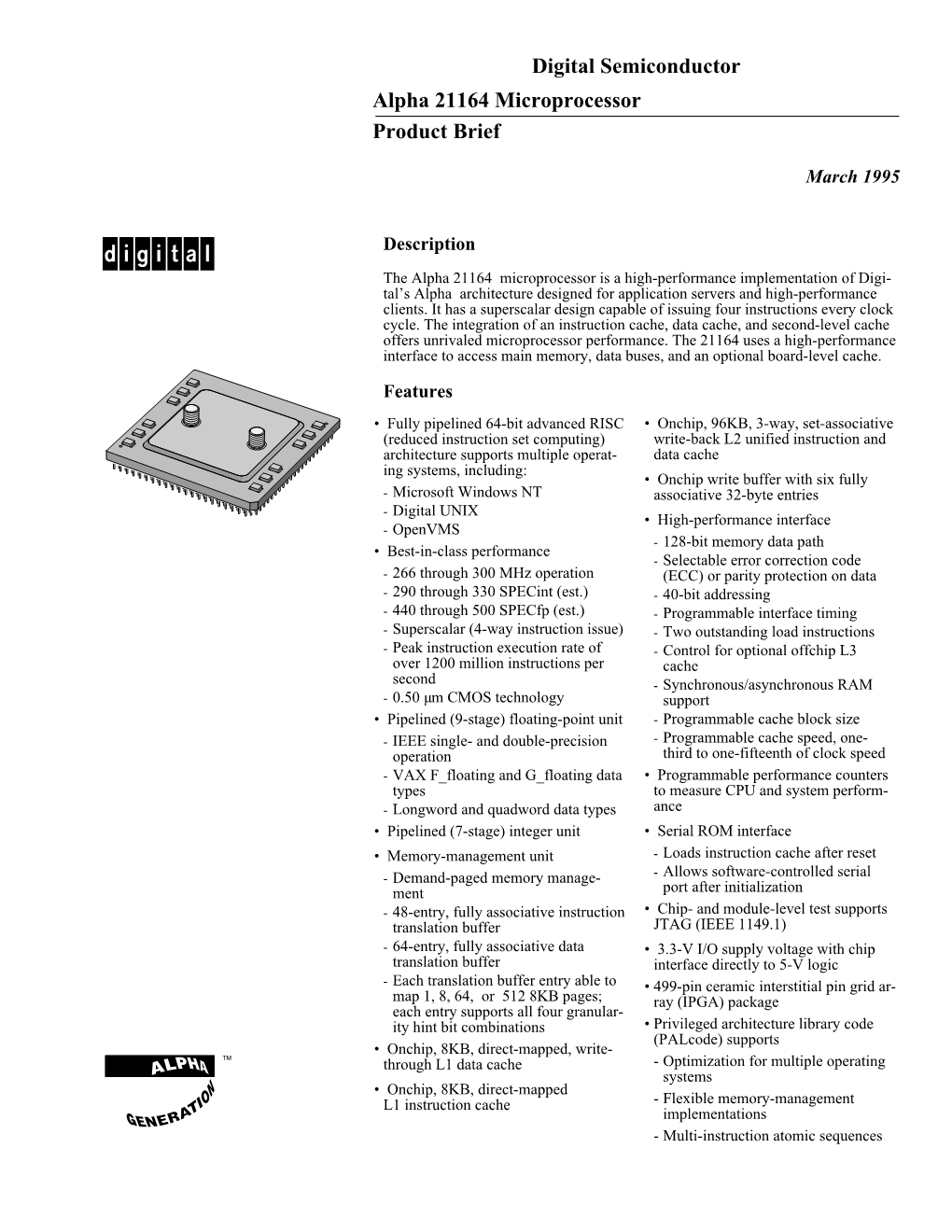 Digital Semiconductor Alpha 21164 Microprocessor Product Brief