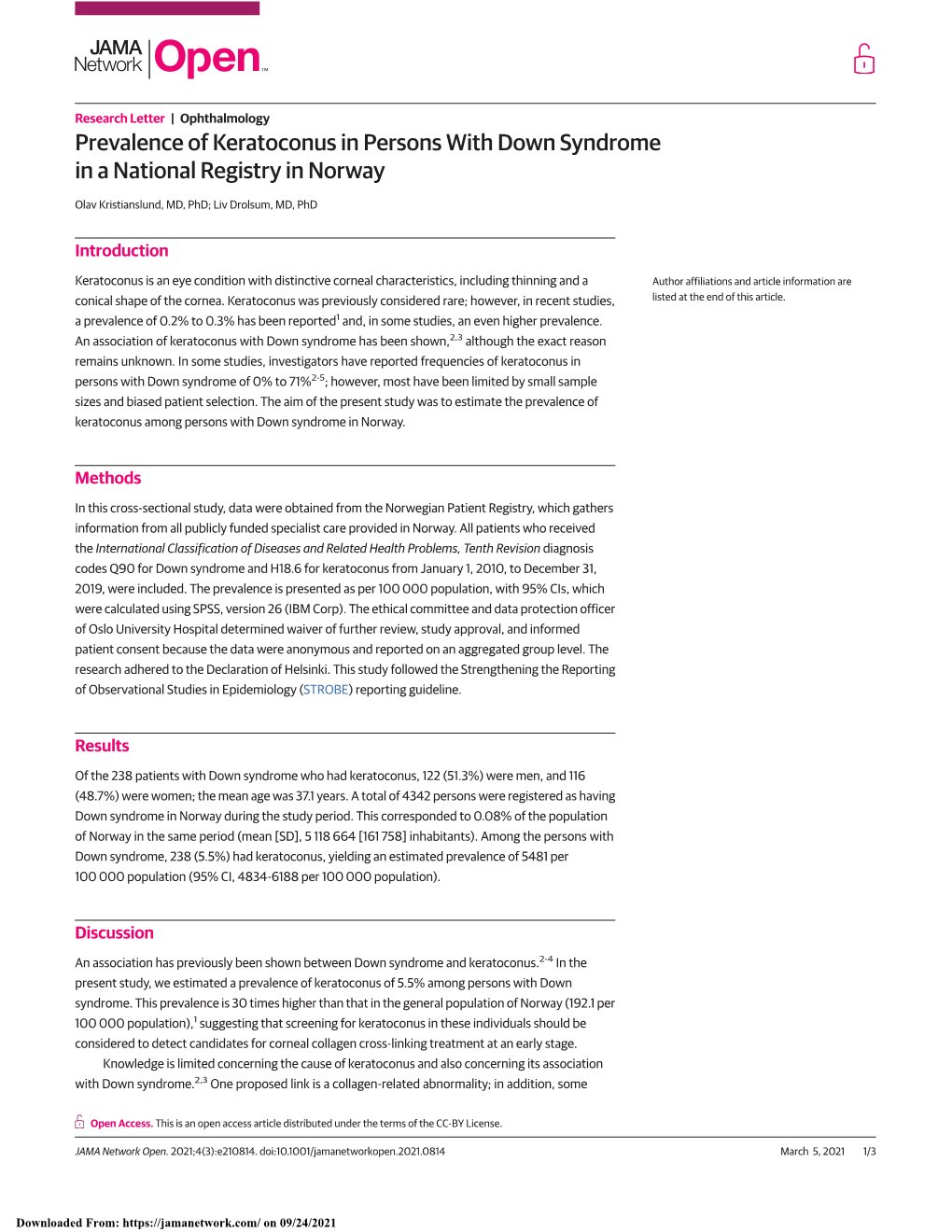 Prevalence of Keratoconus in Persons with Down Syndrome in a National Registry in Norway