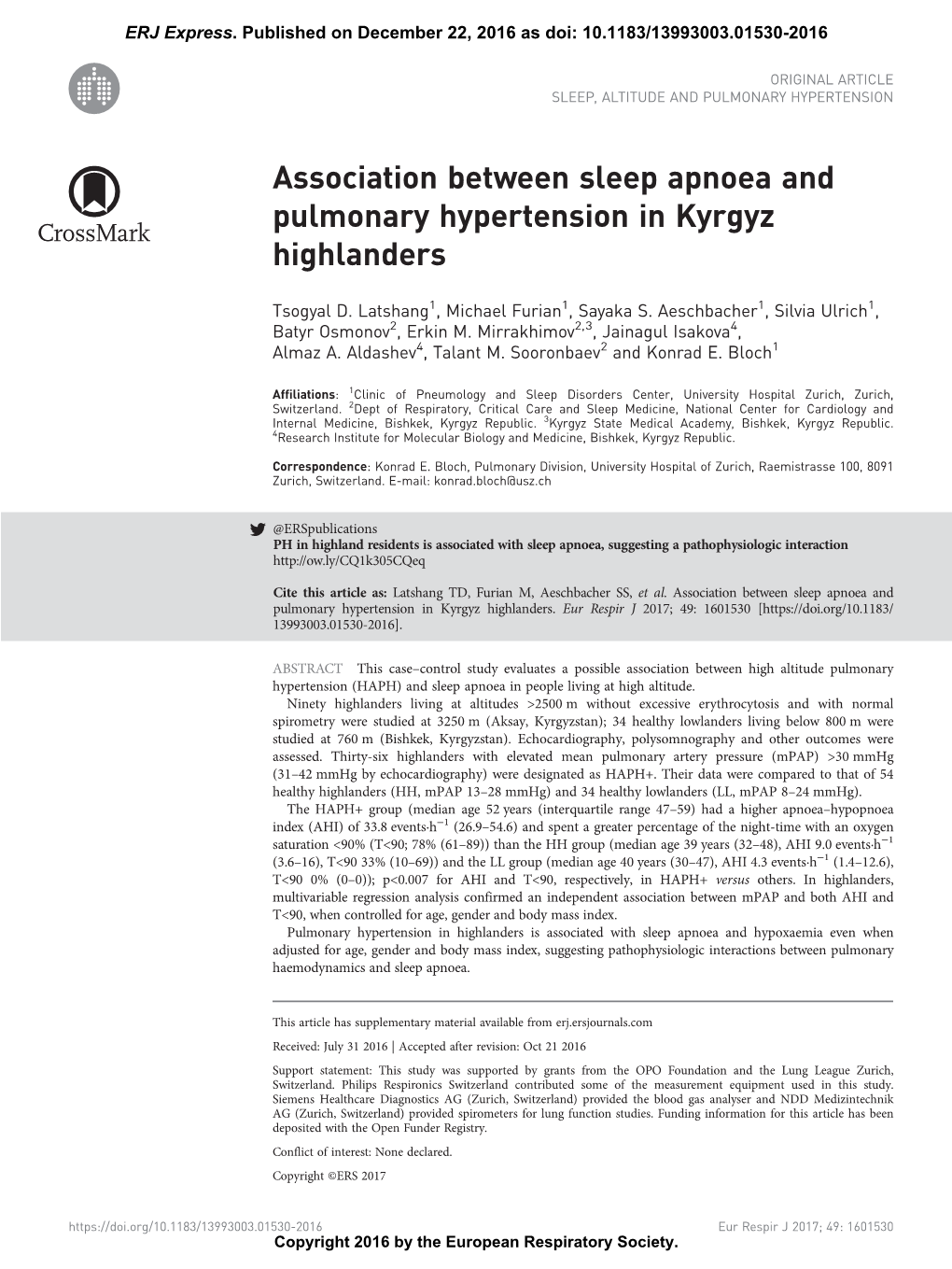 Association Between Sleep Apnoea and Pulmonary Hypertension in Kyrgyz Highlanders