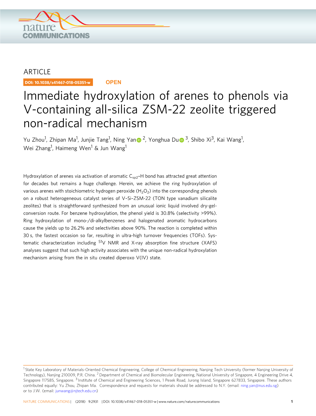 Immediate Hydroxylation of Arenes to Phenols Via V-Containing All-Silica ZSM-22 Zeolite Triggered Non-Radical Mechanism