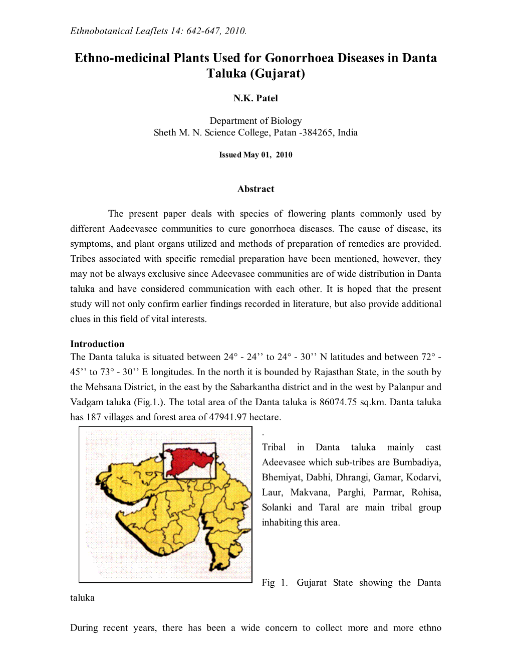 Ethno-Medicinal Plants Used for Gonorrhoea Diseases in Danta Taluka (Gujarat)