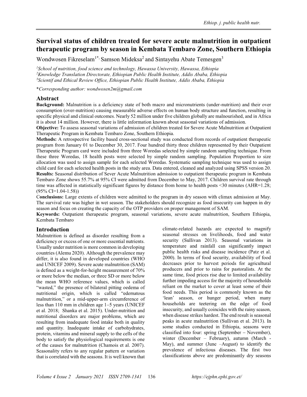 Survival Status of Children Treated for Severe Acute Malnutrition In