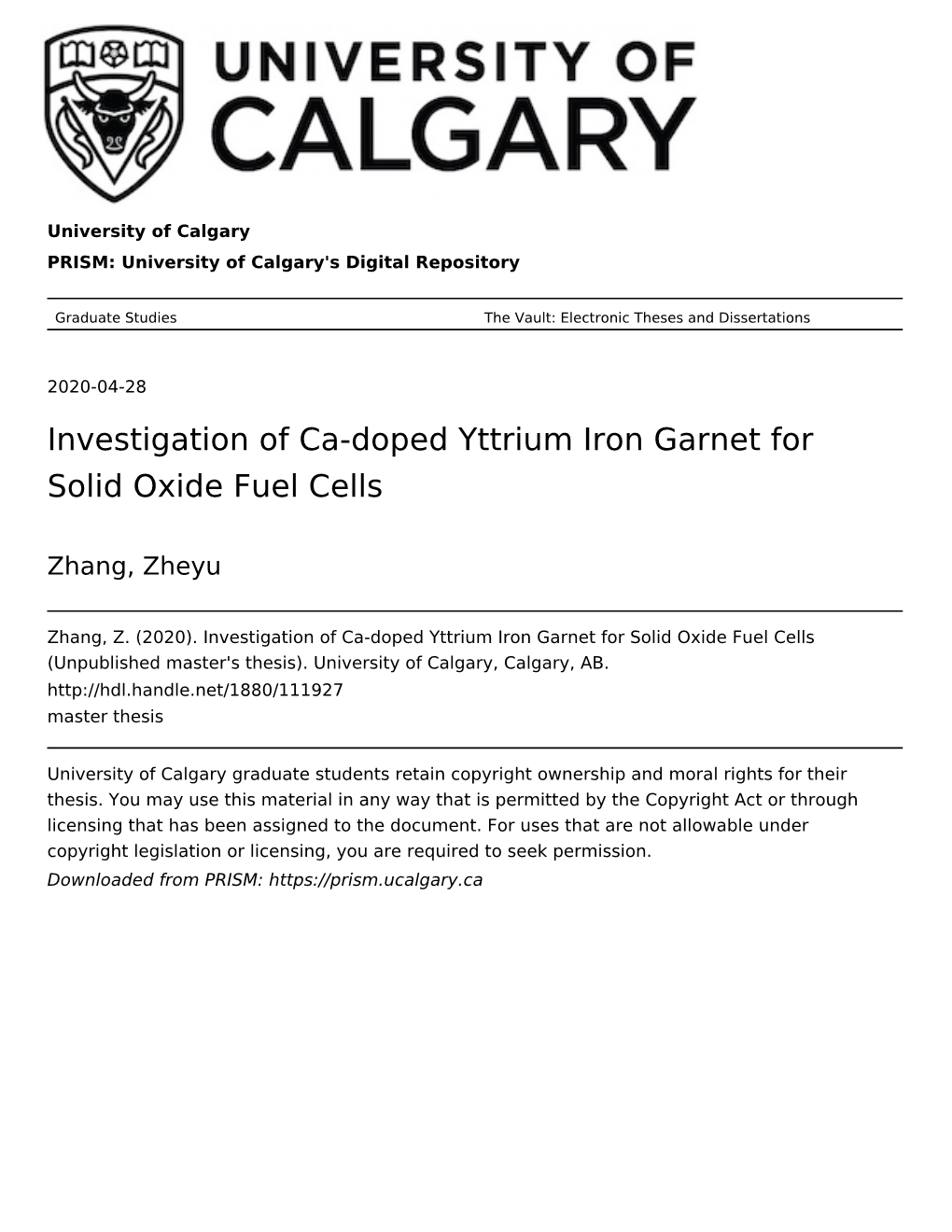 Investigation of Ca-Doped Yttrium Iron Garnet for Solid Oxide Fuel Cells