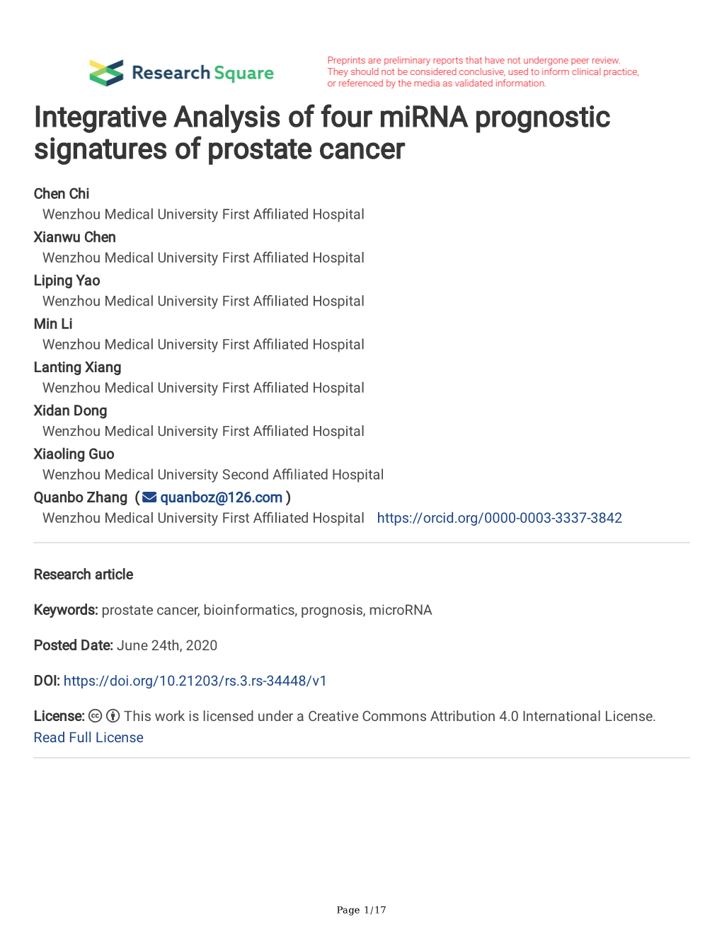 Integrative Analysis of Four Mirna Prognostic Signatures of Prostate Cancer