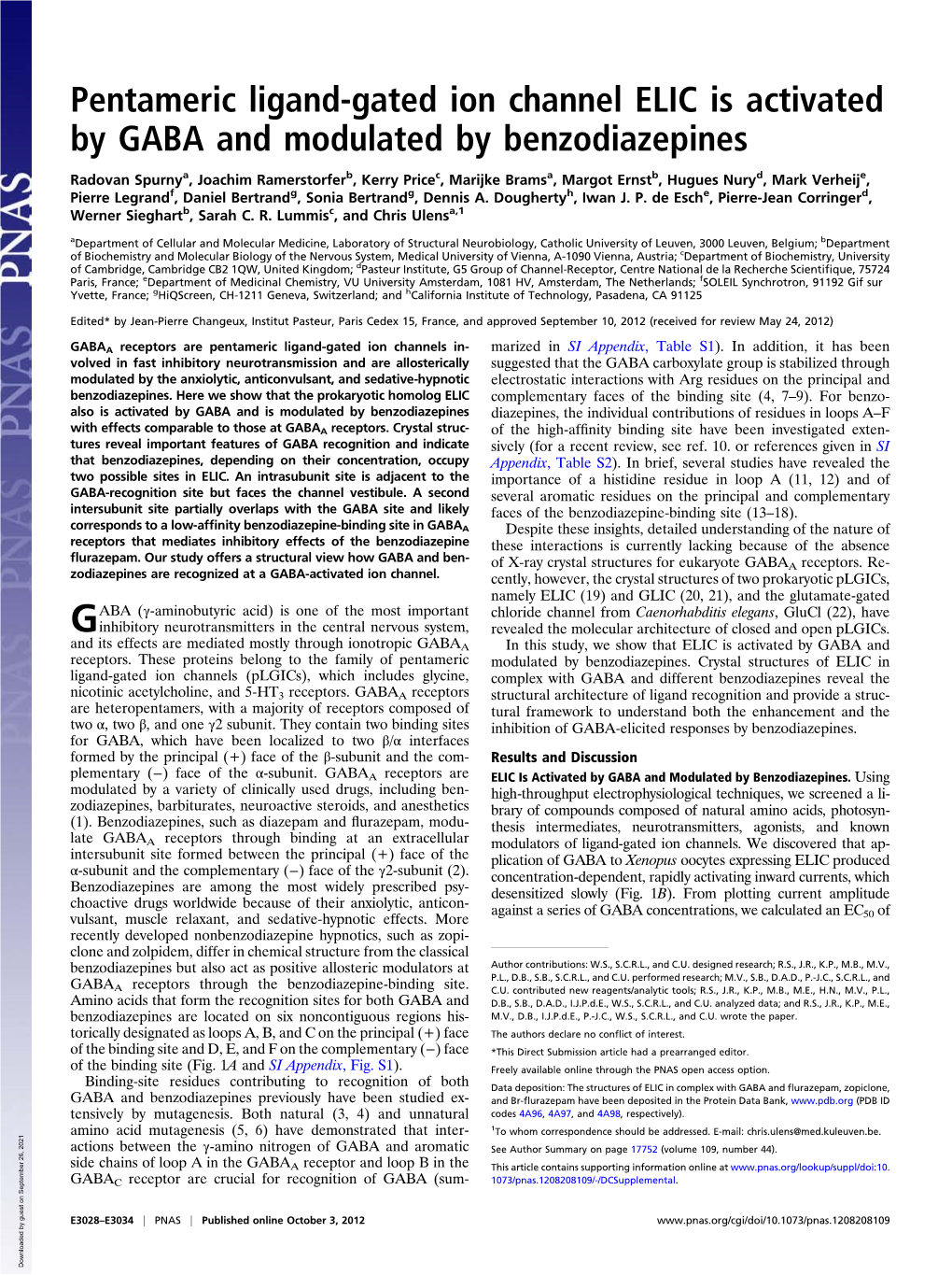 Pentameric Ligand-Gated Ion Channel ELIC Is Activated by GABA and Modulated by Benzodiazepines