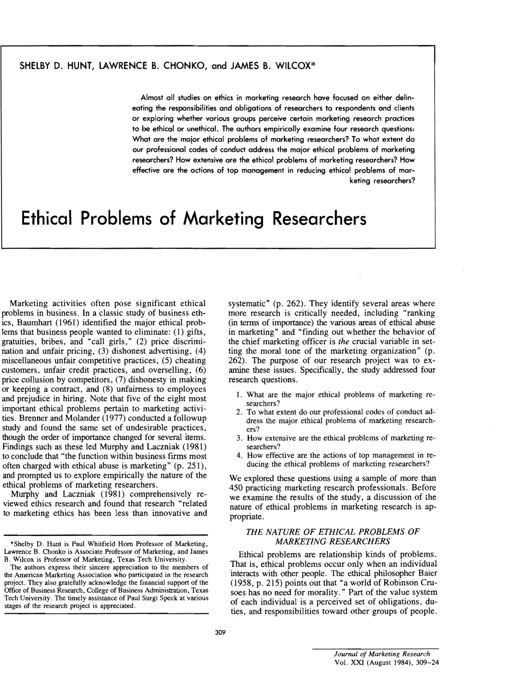 Ethical Problems of Marketing Researchers