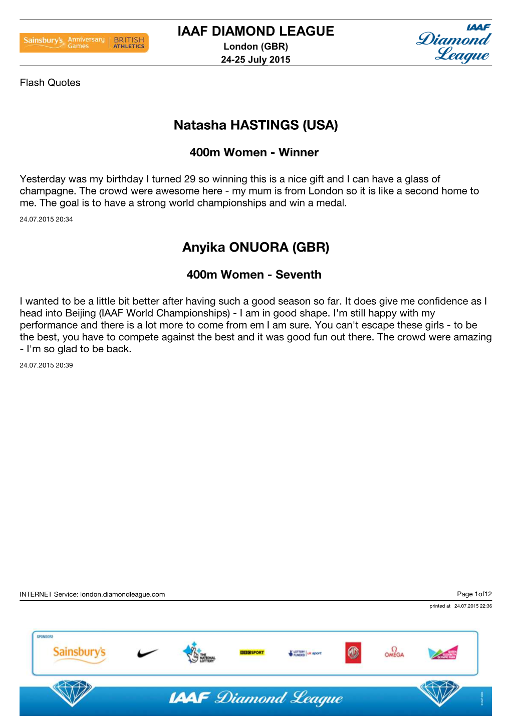 IAAF DIAMOND LEAGUE Natasha HASTINGS (USA) Anyika ONUORA