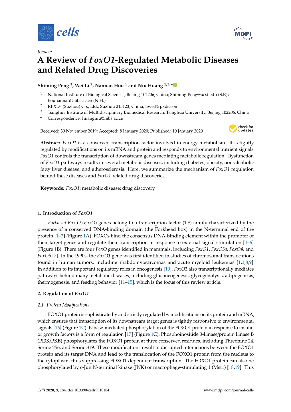 A Review of Foxo1-Regulated Metabolic Diseases and Related Drug Discoveries