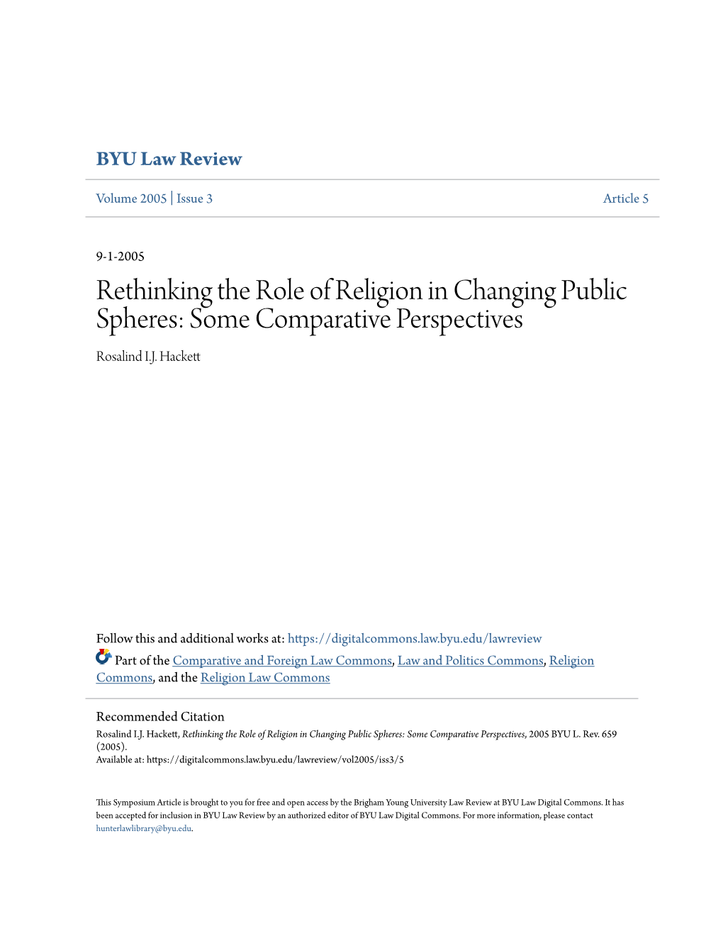 Rethinking the Role of Religion in Changing Public Spheres: Some Comparative Perspectives Rosalind I.J