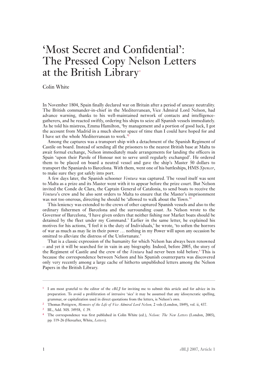 'Most Secret and Confidential': the Pressed Copy Nelson Letters at The