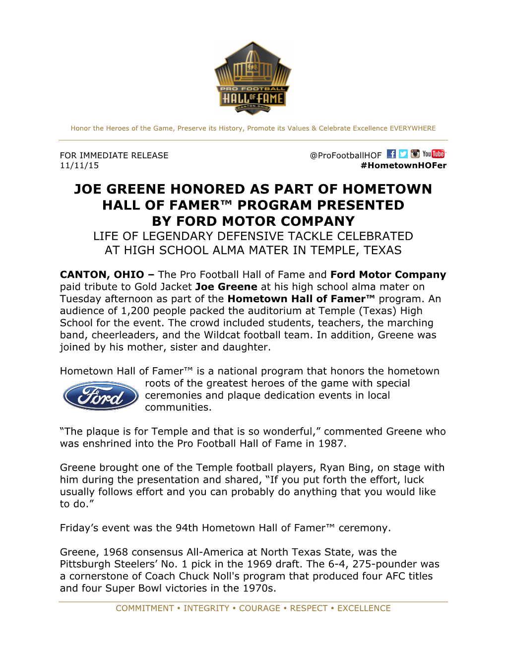 Joe Greene Honored As Part of Hometown Hall of Famer