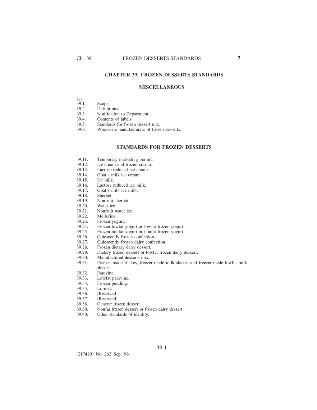 Chapter 39. Frozen Desserts Standards Miscellaneous