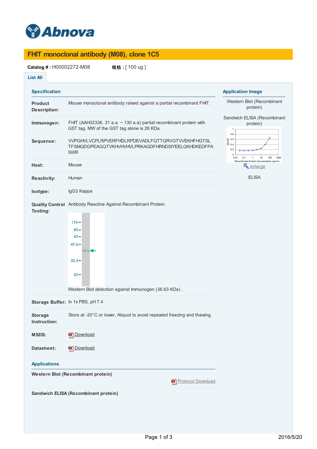 FHIT Monoclonal Antibody (M08), Clone 1C5