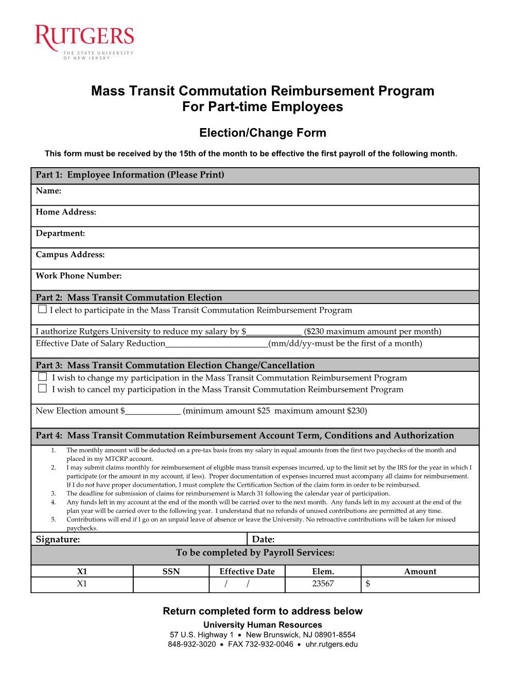 Mass Transit Commutation Reimbursement Program Election Form
