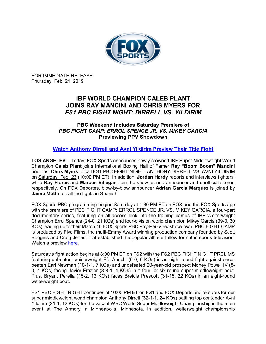 Ibf World Champion Caleb Plant Joins Ray Mancini and Chris Myers for Fs1 Pbc Fight Night: Dirrell Vs