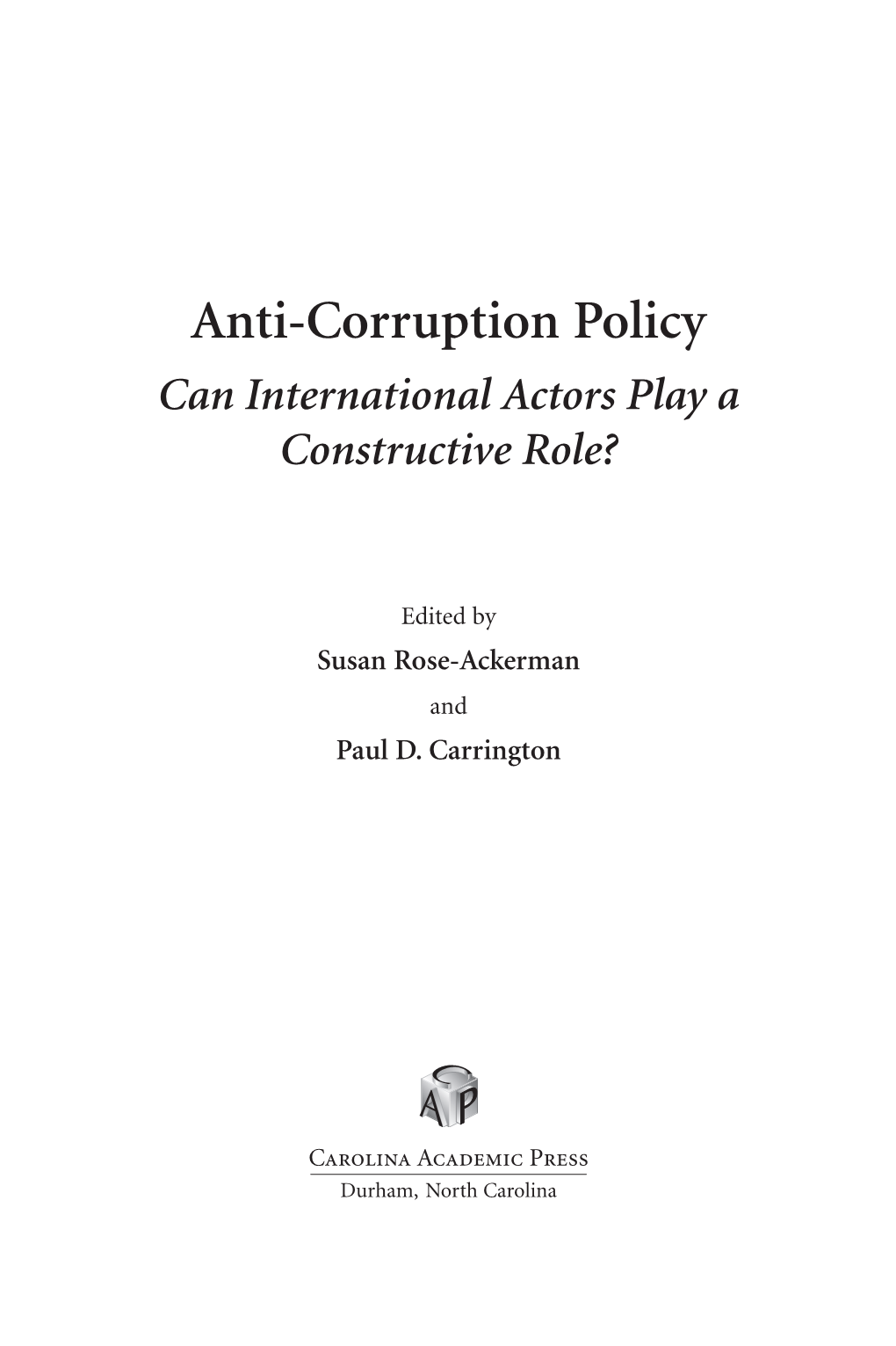 Anti-Corruption Policy Can International Actors Play a Constructive Role?