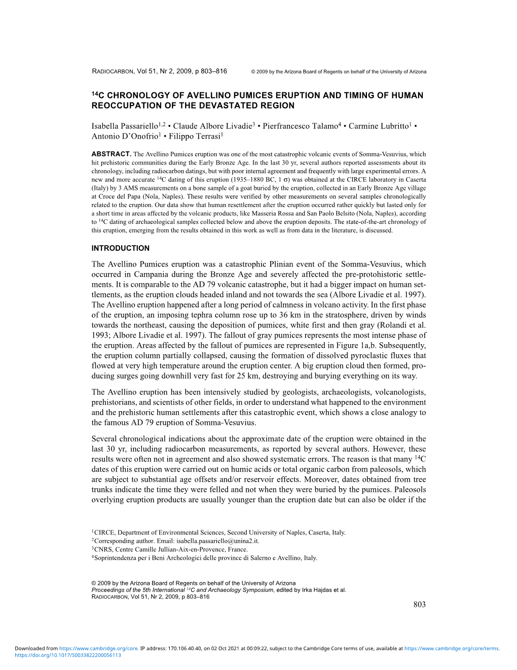 803 14C CHRONOLOGY of AVELLINO PUMICES ERUPTION and TIMING of HUMAN REOCCUPATION of the DEVASTATED REGION Isabella Passariello1